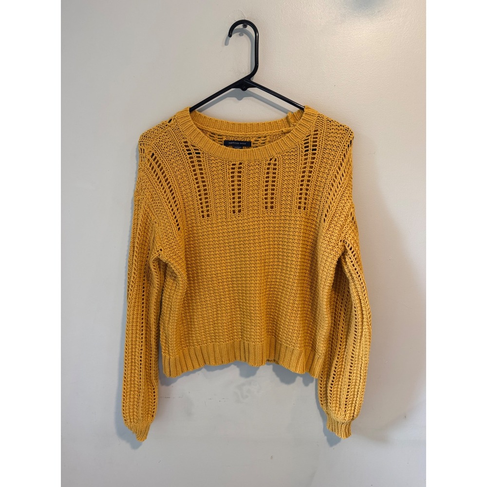American Eagle Mustard Yellow Pointelle Knit Cropped Sweater‎ Womens XS 717